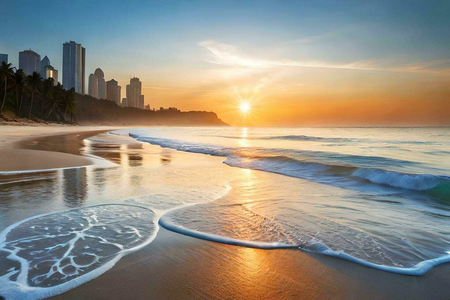 un' bellissimo tramonto al di sopra di il oceano e città orizzonte. ai-generato foto