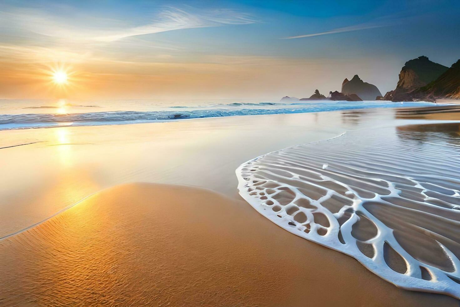 tramonto su il spiaggia con onde e rocce. ai-generato foto