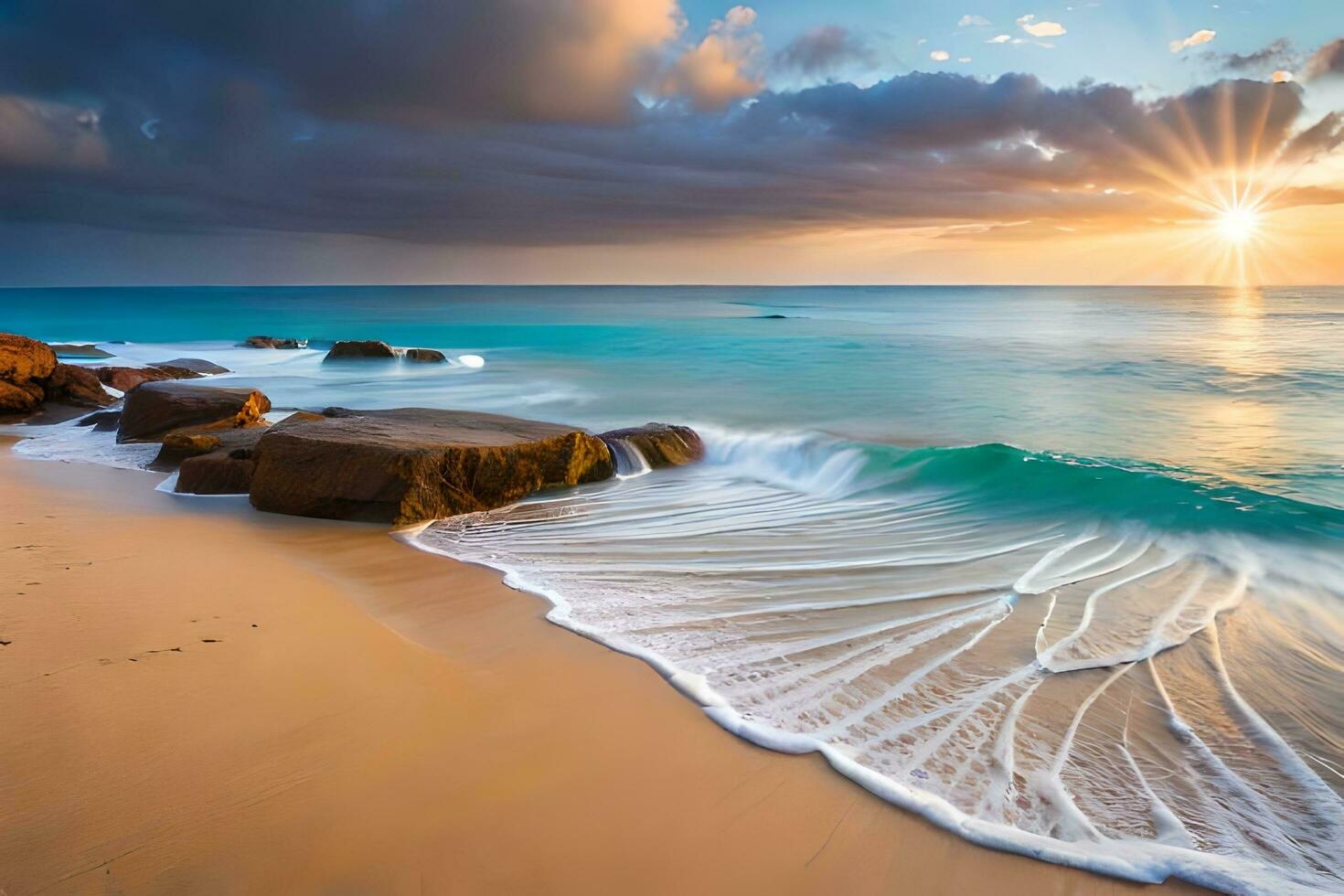 un' bellissimo tramonto al di sopra di il oceano con onde e rocce. ai-generato foto