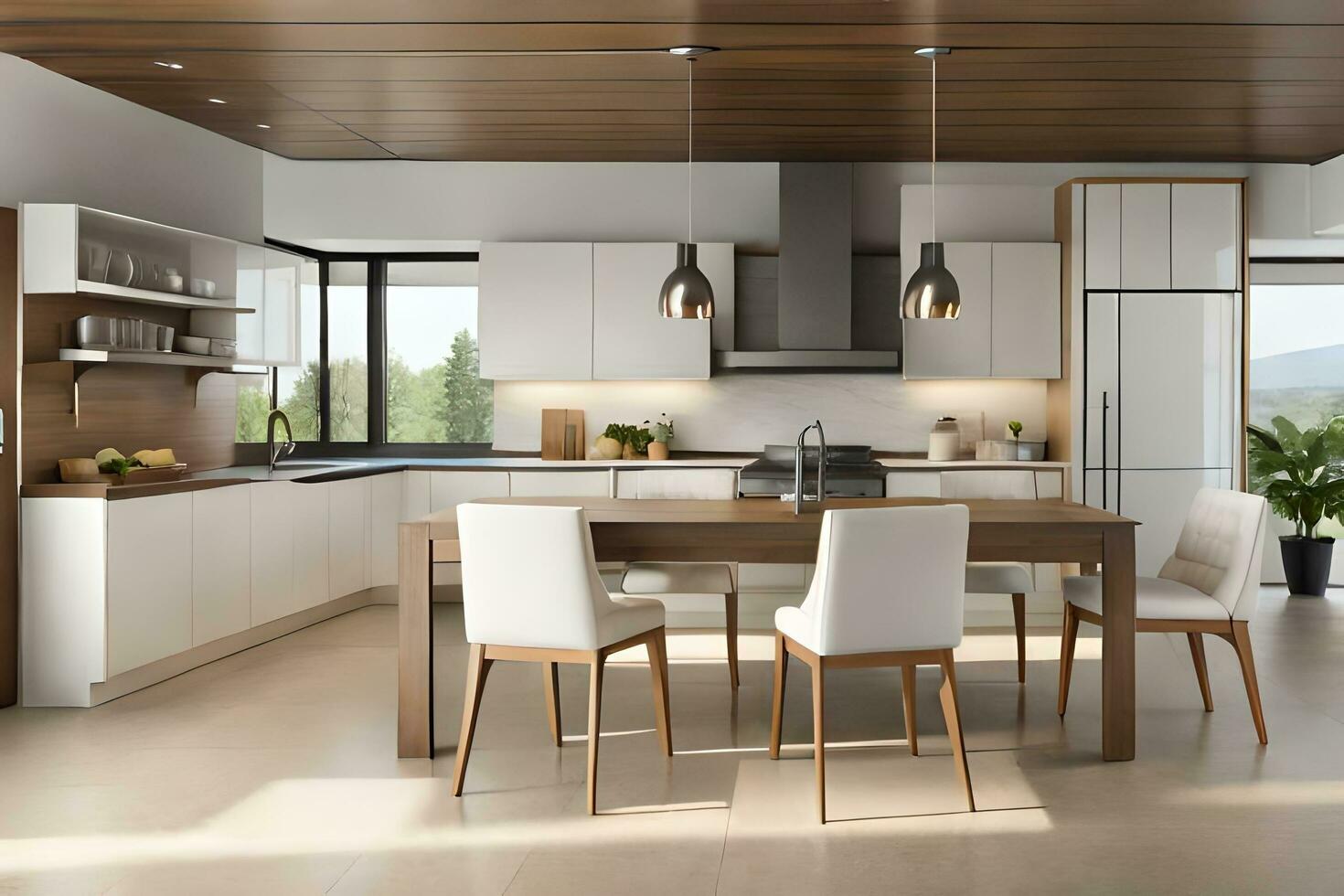 un' moderno cucina con bianca armadietti e legna piani. ai-generato foto