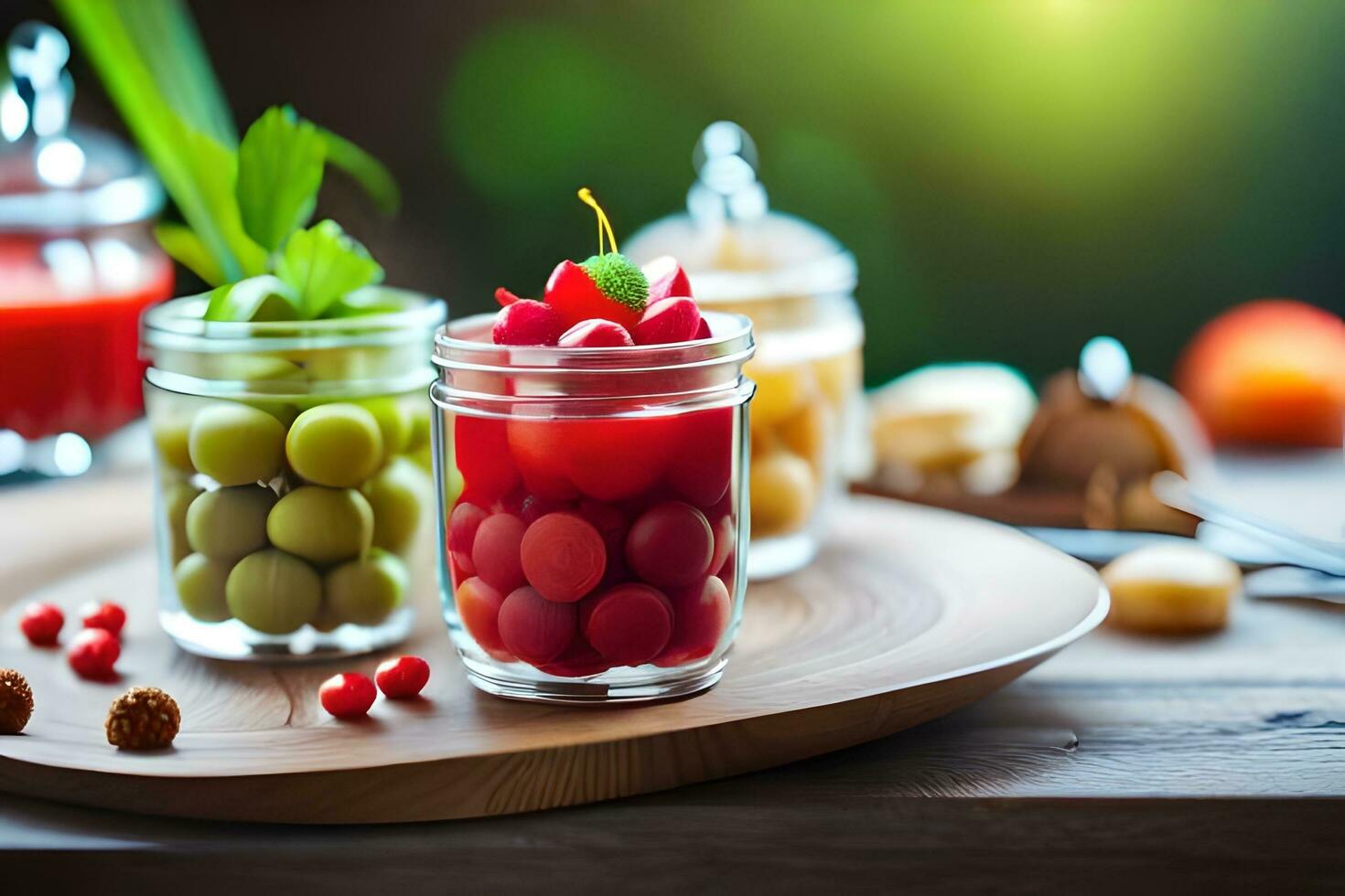 tre barattoli con frutta e verdure su un' di legno tavolo. ai-generato foto