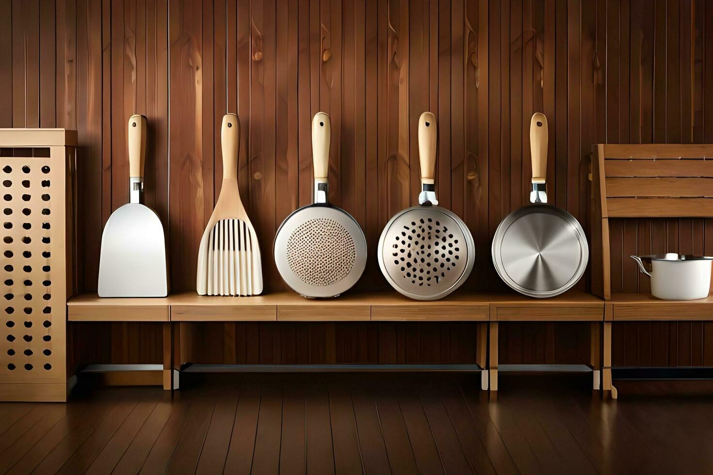 un' riga di cucina utensili su un' di legno ripiano. ai-generato foto