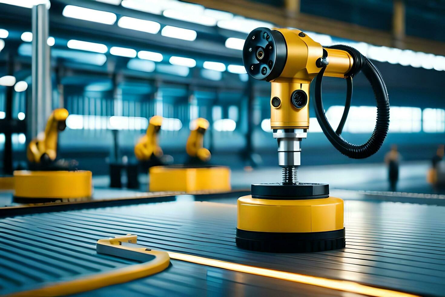 robot nel un' fabbrica ambientazione con giallo e nero macchine. ai-generato foto