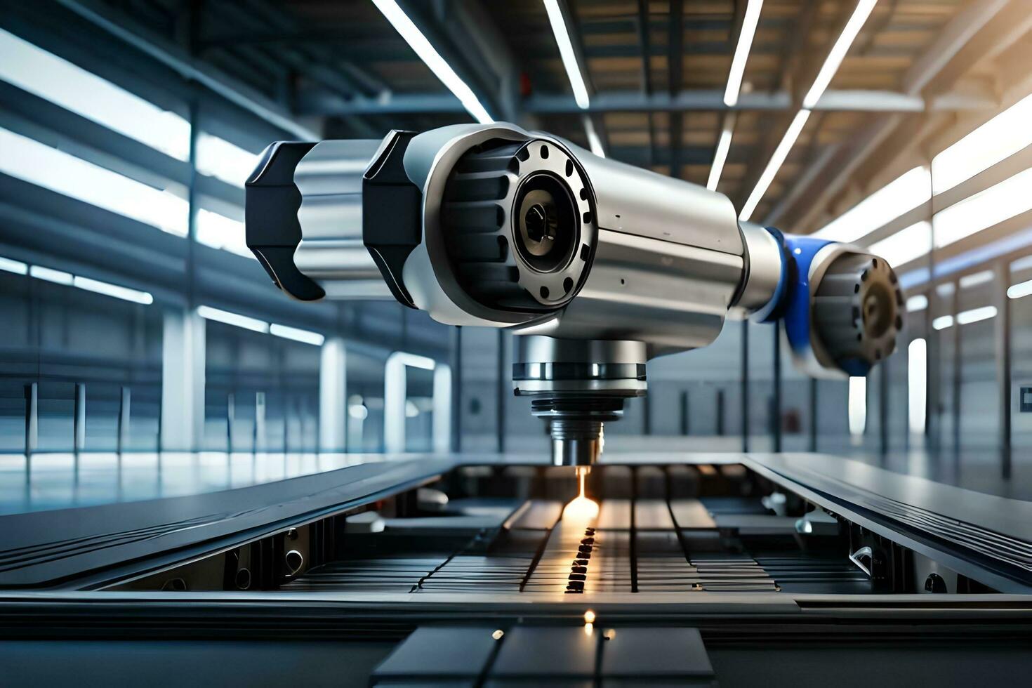 un' robotica braccio è Lavorando su un' macchina nel un' fabbrica. ai-generato foto