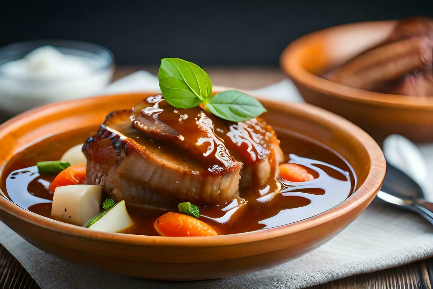 un' ciotola di carne e verdure con sugo di carne. ai-generato foto