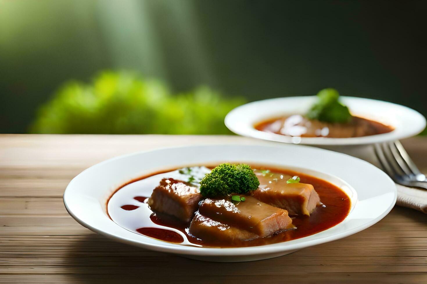 Due piatti con carne e broccoli su un' tavolo. ai-generato foto