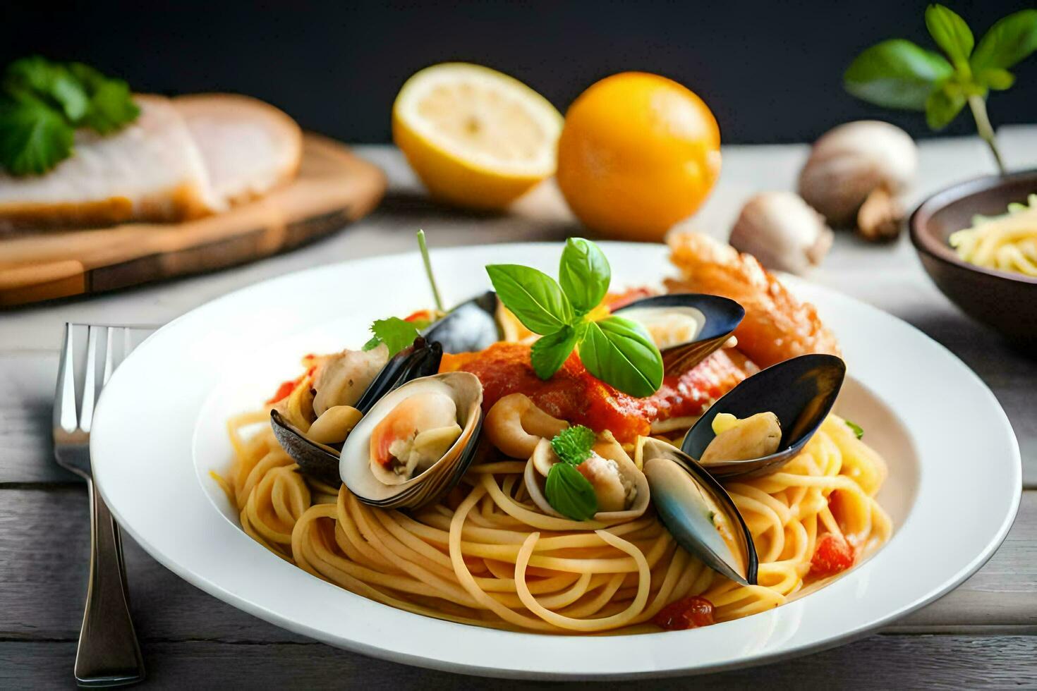 spaghetti con cozze e vongole. ai-generato foto