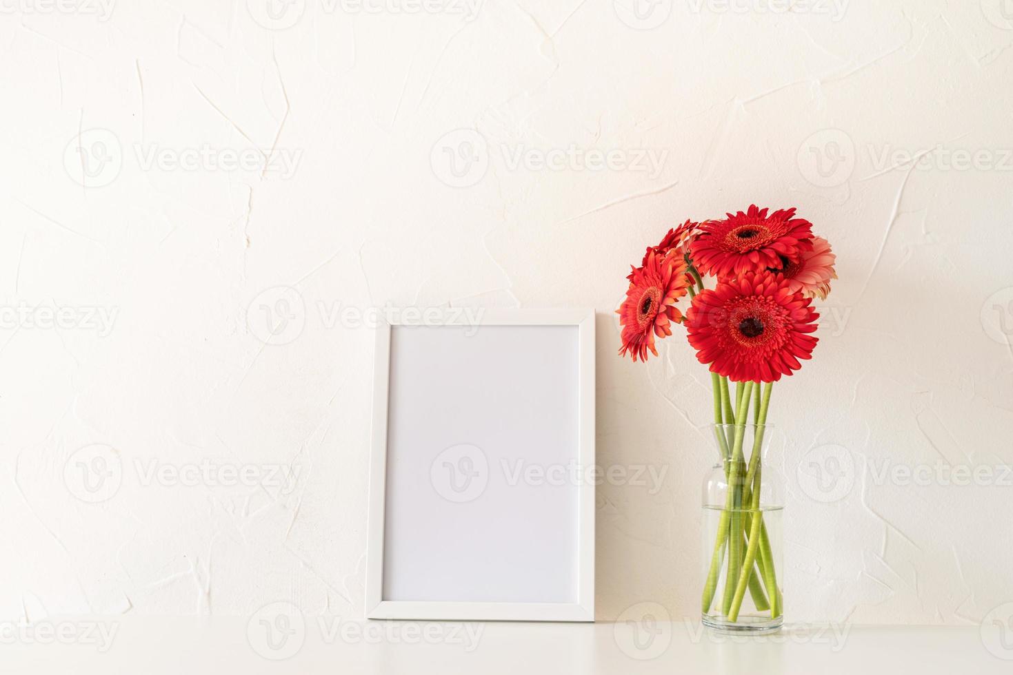 fiori di gerbera rossa con una cornice bianca vuota su sfondo bianco foto