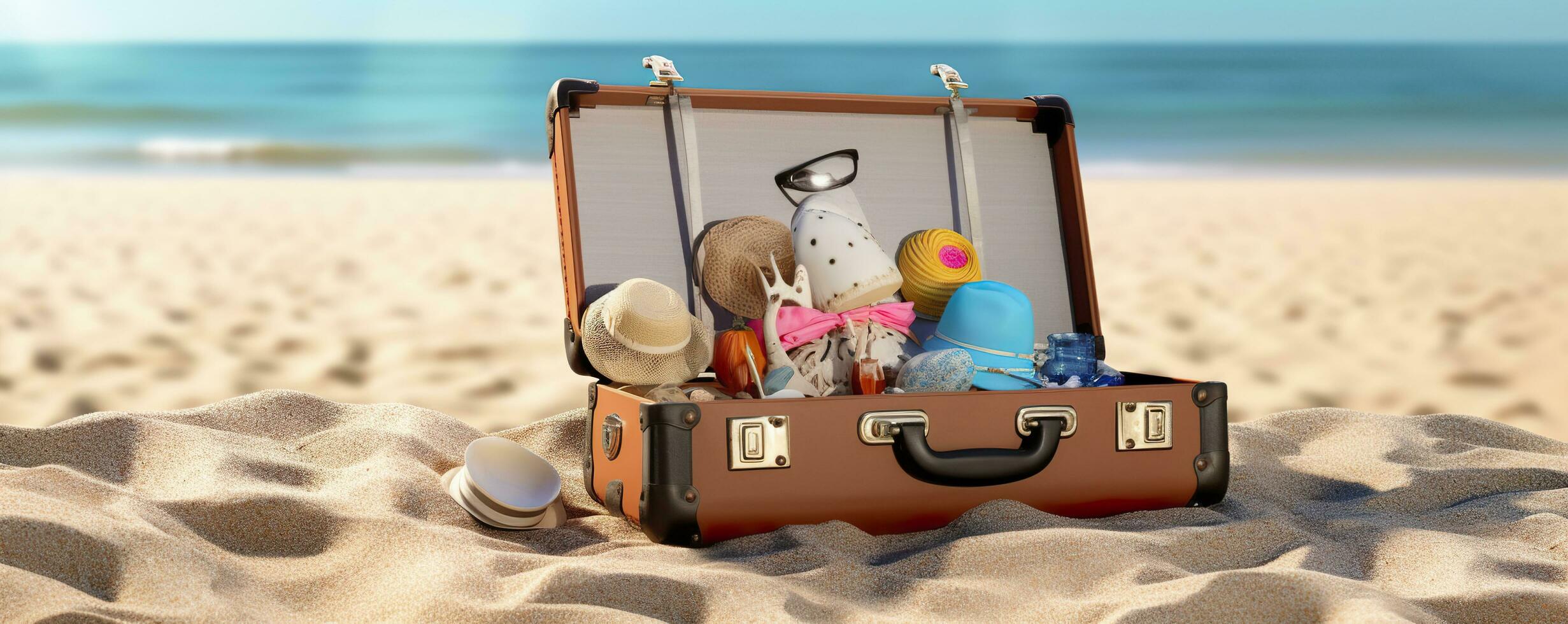 spiaggia preparazione, Accessori nel valigia su sabbia. generativo ai foto