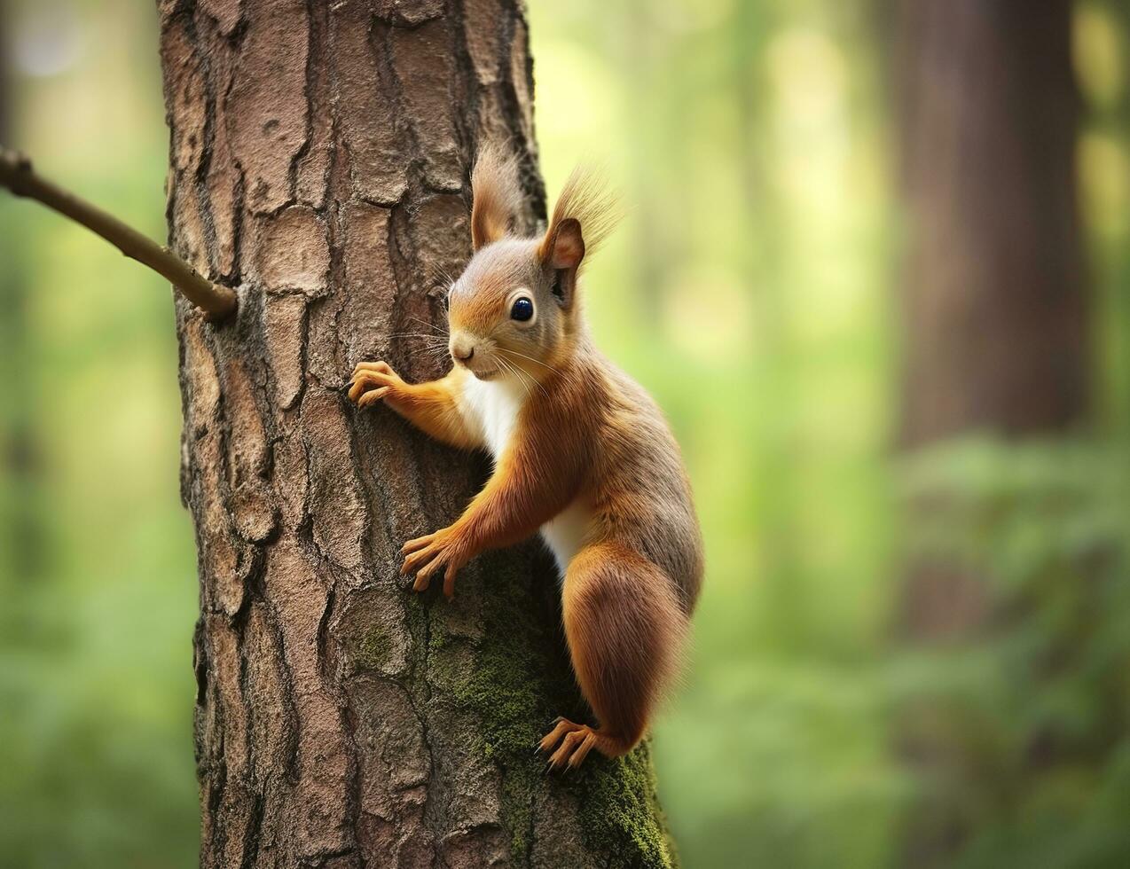 bellissimo scoiattolo su un' albero nel un' foresta parco nel il estate. generativo ai foto