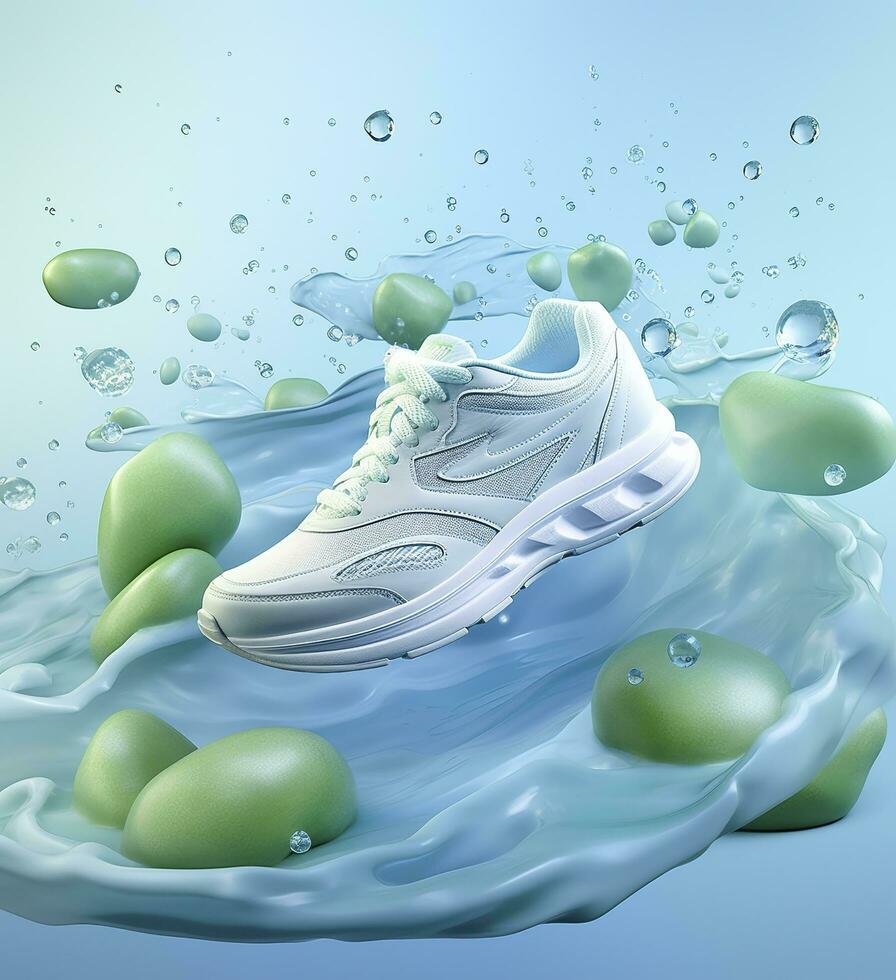 fresco volare in esecuzione scarpe nel acqua e vento nel il stile di naturale modelli leggero bianca e leggero indaco etereo illustrazione leggero blu e leggero verde delicato ancora vita. ai generativo foto