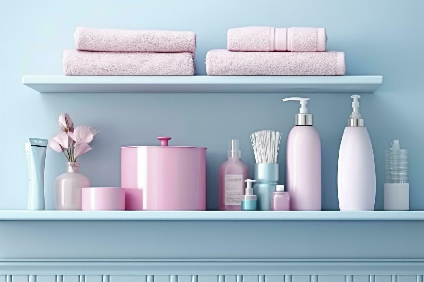 un' pastello bagno mensola con rosa cura della pelle prodotti, copia spazio, striscione, rosa e pastello blu luminosa tavolozza, barbiecore. ai generativo foto