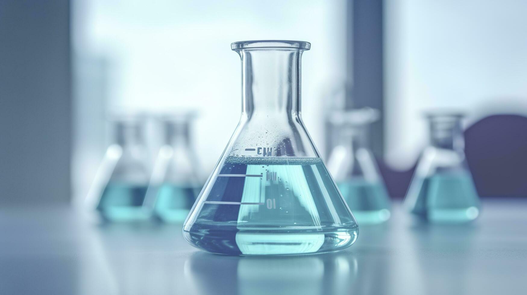 un' scienza coppa nel il laboratorio su un' tavolo bianca e leggero blu sfondo.. laboratorio attrezzatura su di messa a fuoco. ai generativo foto