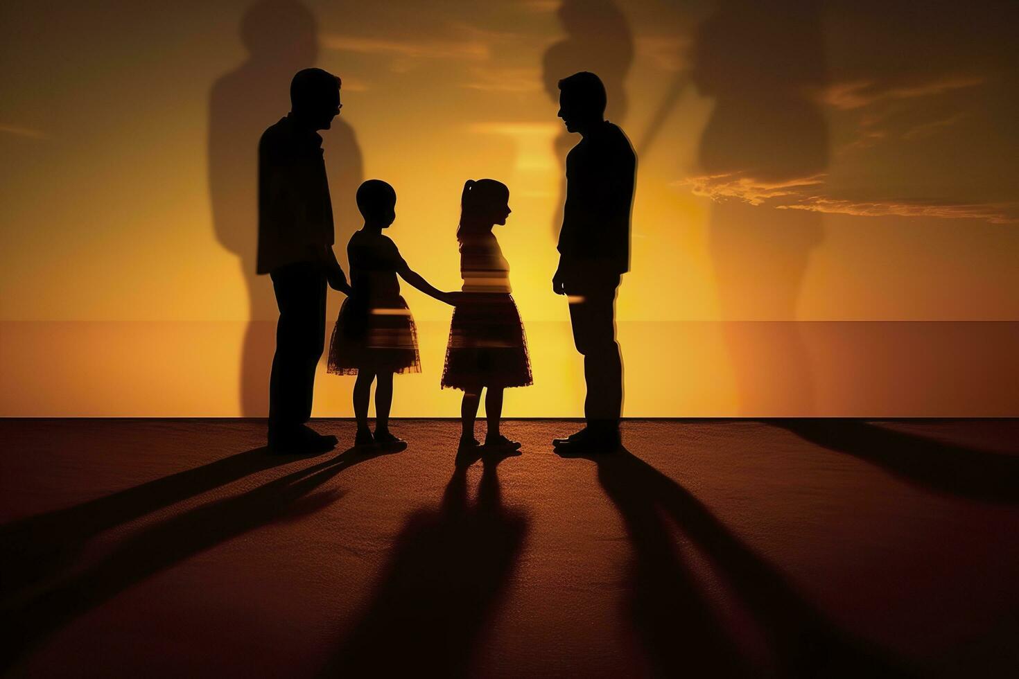 ombra di contento famiglia insieme, genitori con loro poco bambino a tramonto. un' silhouette di amore e unità. ai generativo foto