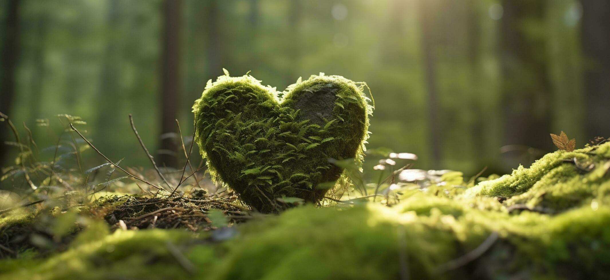 avvicinamento di di legno cuore su muschio. naturale sepoltura tomba nel il boschi. generativo ai foto