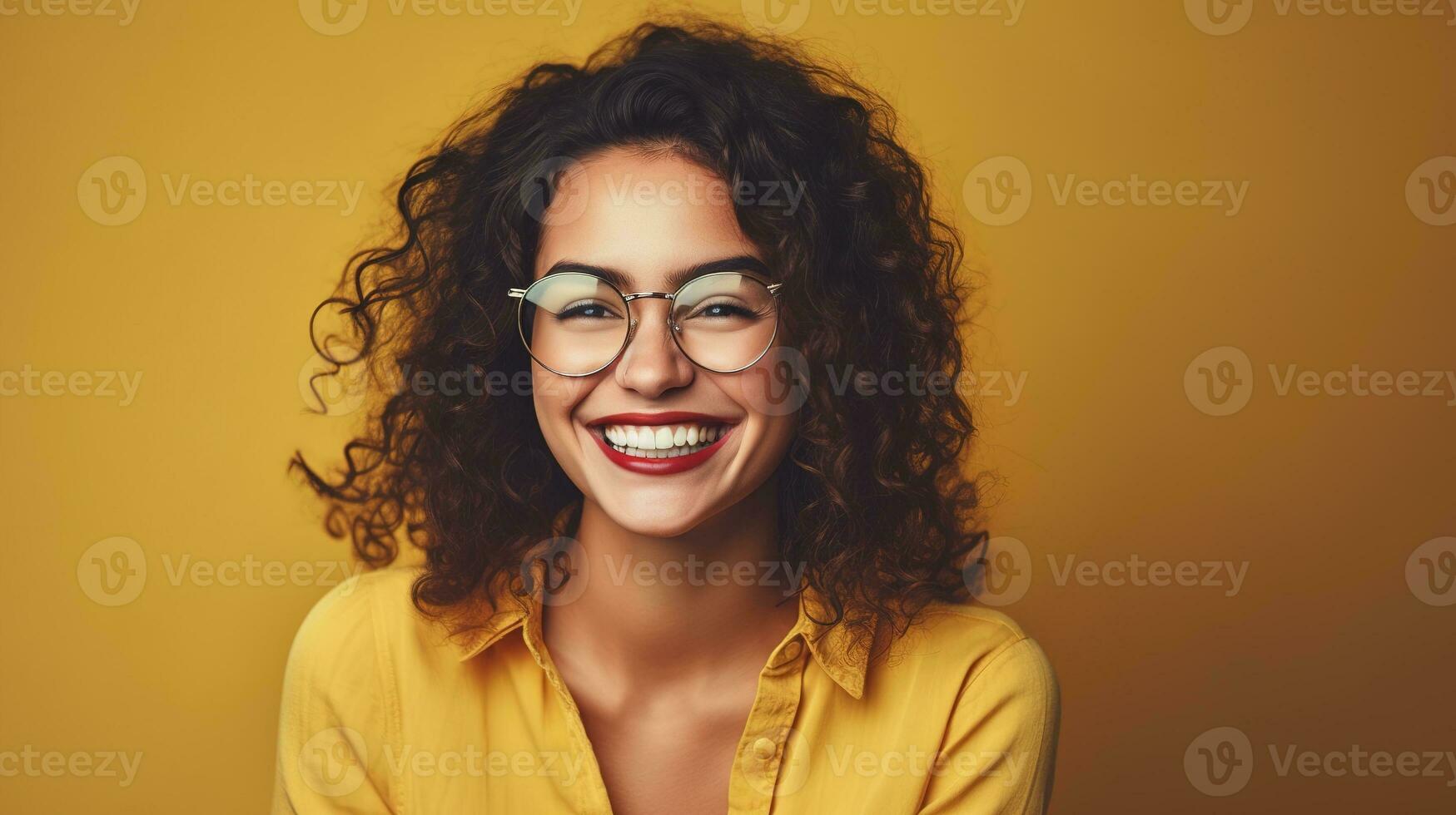 un' donna con Riccio capelli e bicchieri sorridente. ai generativo foto