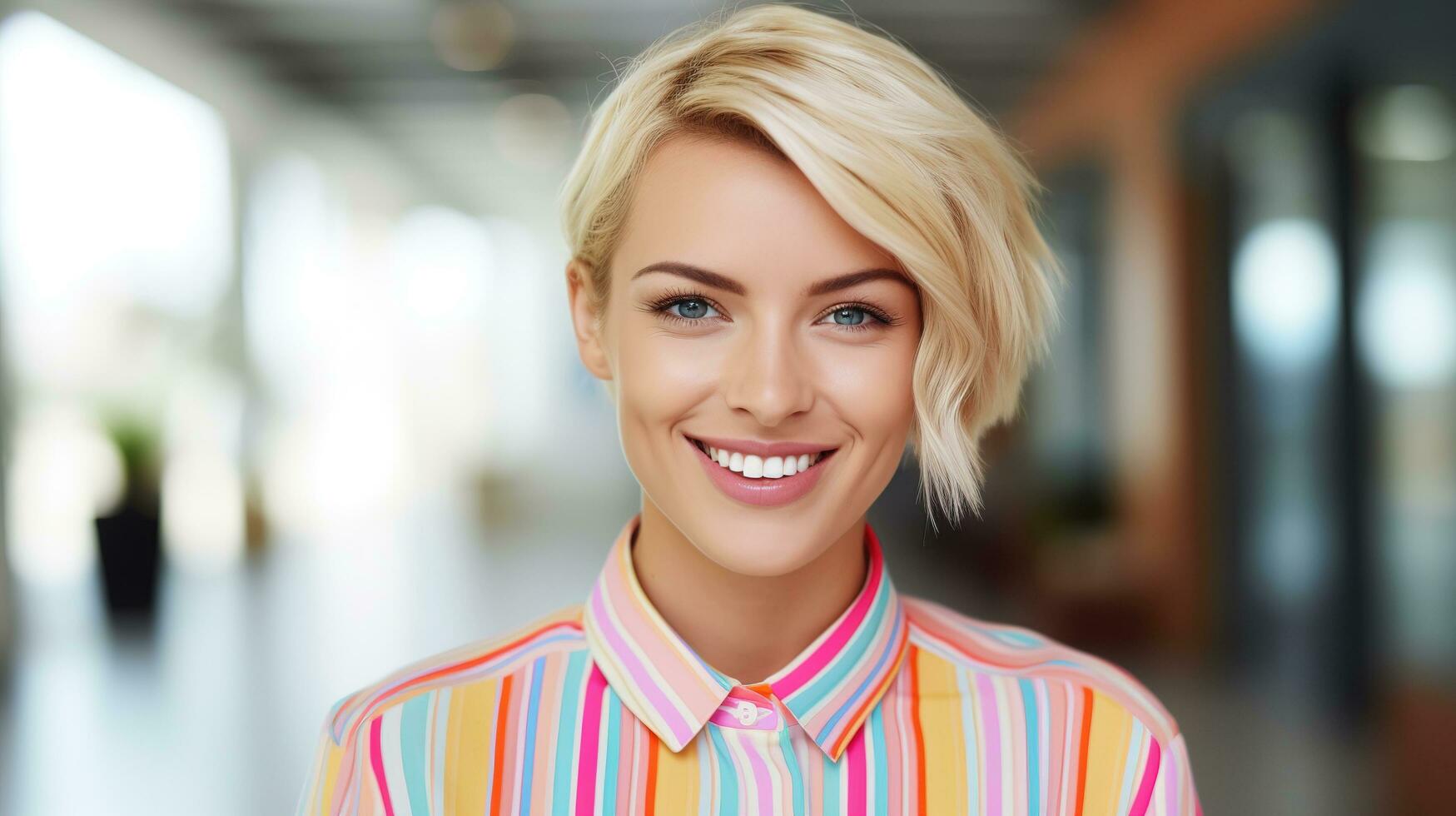 un' donna con corto bionda capelli sorridente. ai generativo foto