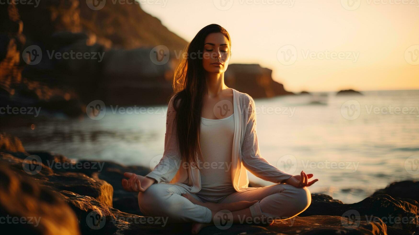 un' donna Meditare nel loto posizione su il spiaggia a tramonto, generativo ai. foto