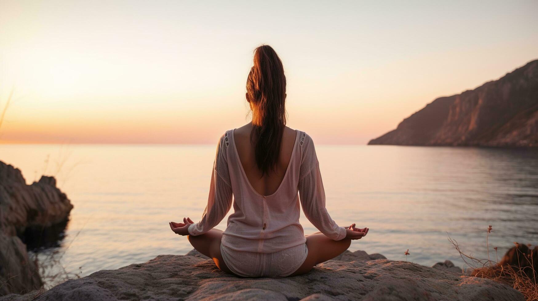 un' donna Meditare nel loto posizione su il spiaggia a tramonto. ai generativo foto