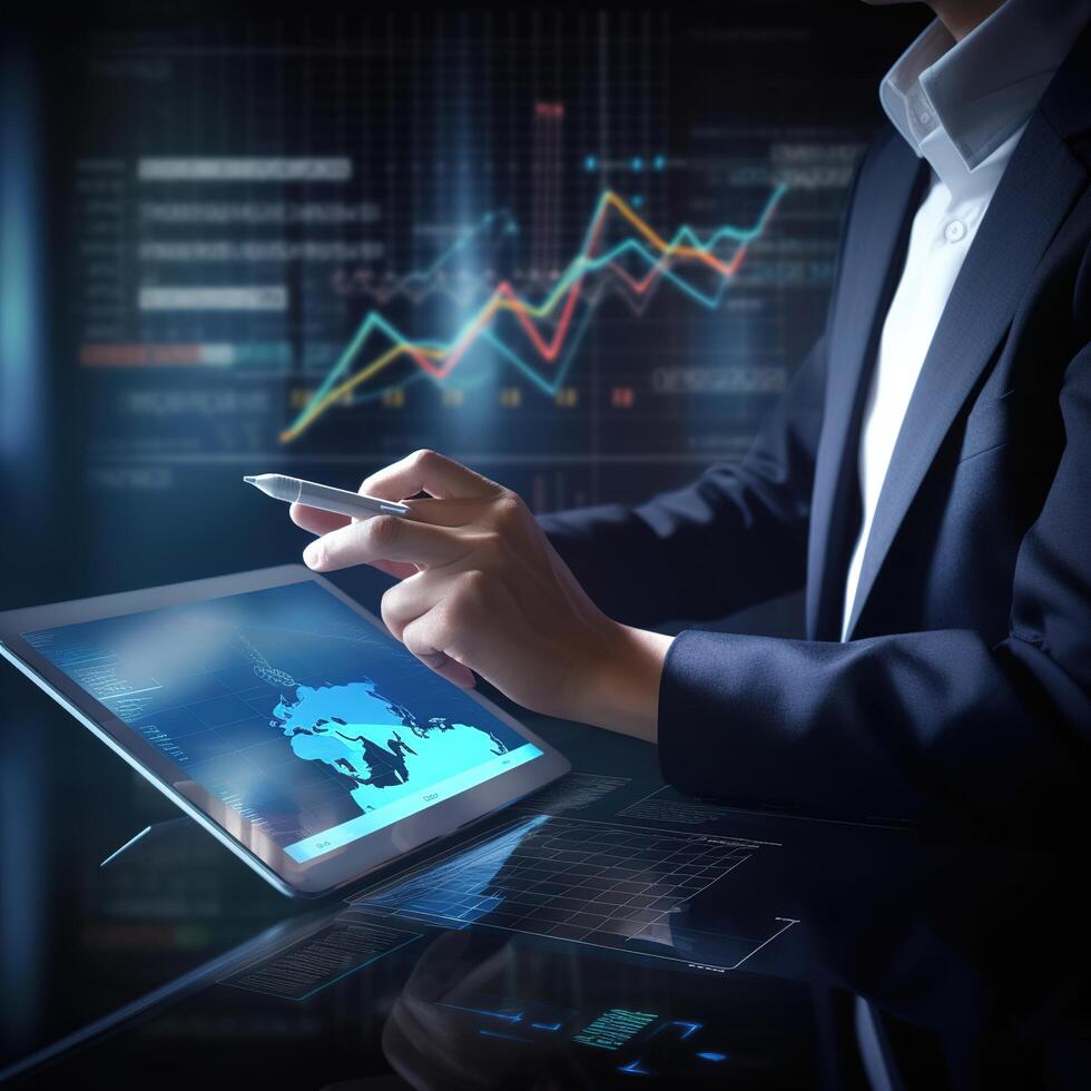 uomo d'affari utilizzando tavoletta computer con finanziario grafico su sfondo. ai generativo foto