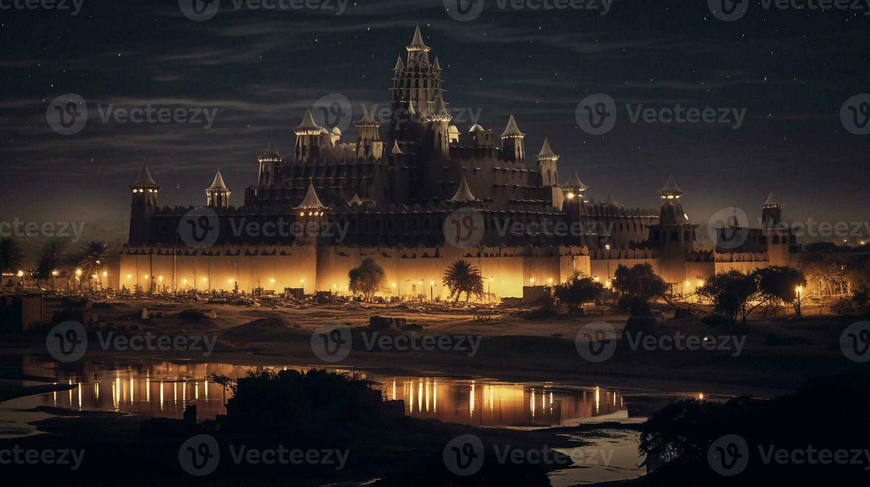 notte Visualizza di grande moschea di djenne. generativo ai foto