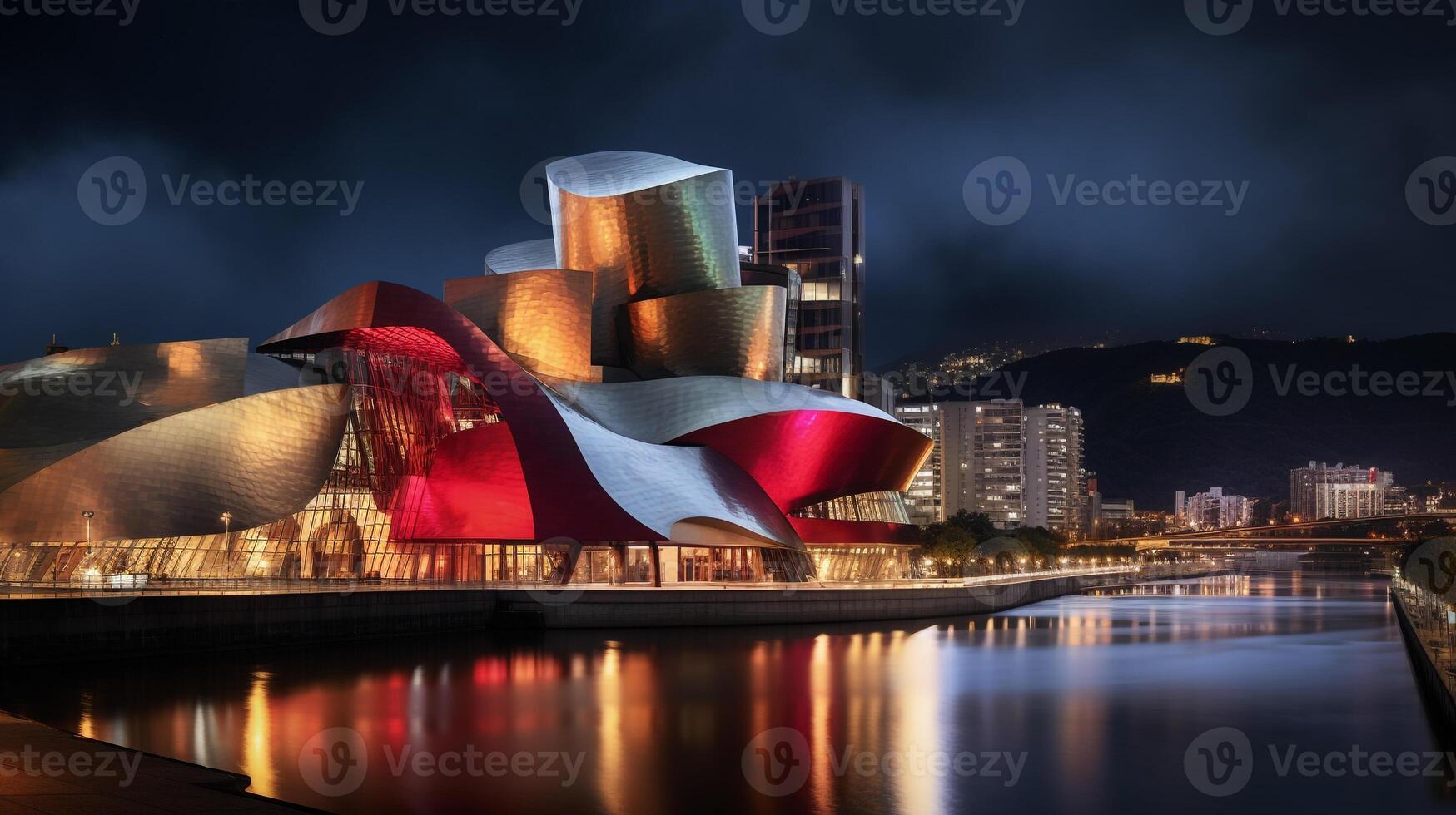 notte Visualizza di guggenheim Museo bilbao. generativo ai foto