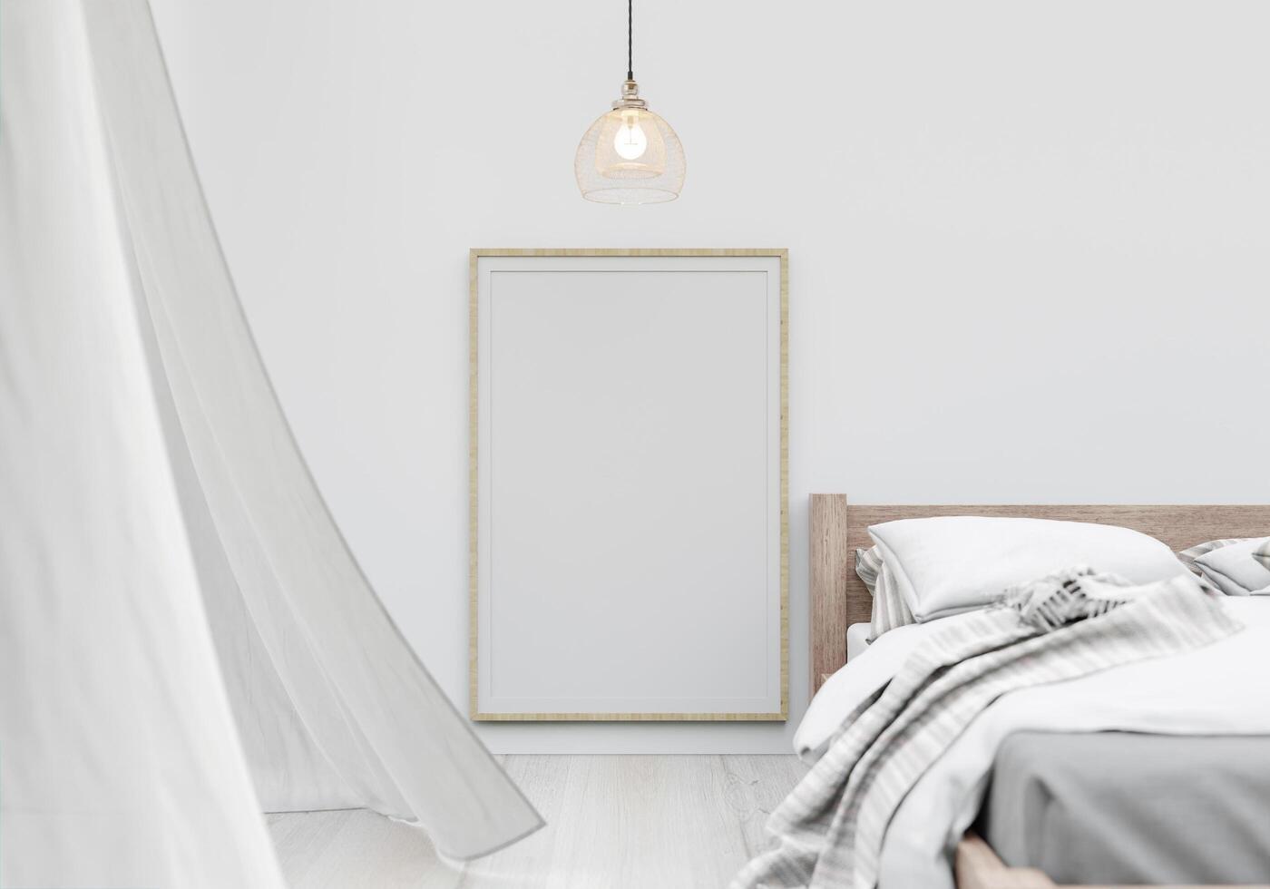 camera da letto con letto e cornice fissata al muro. stile 3D. foto