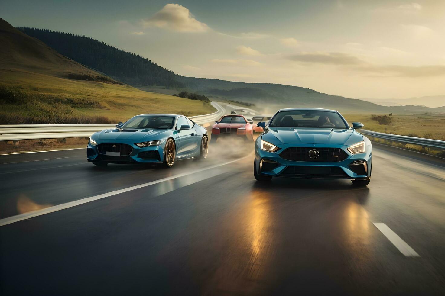 elettrico gli sport auto equitazione su autostrada strada a buio contro il sfondo di il città. ai generato. foto