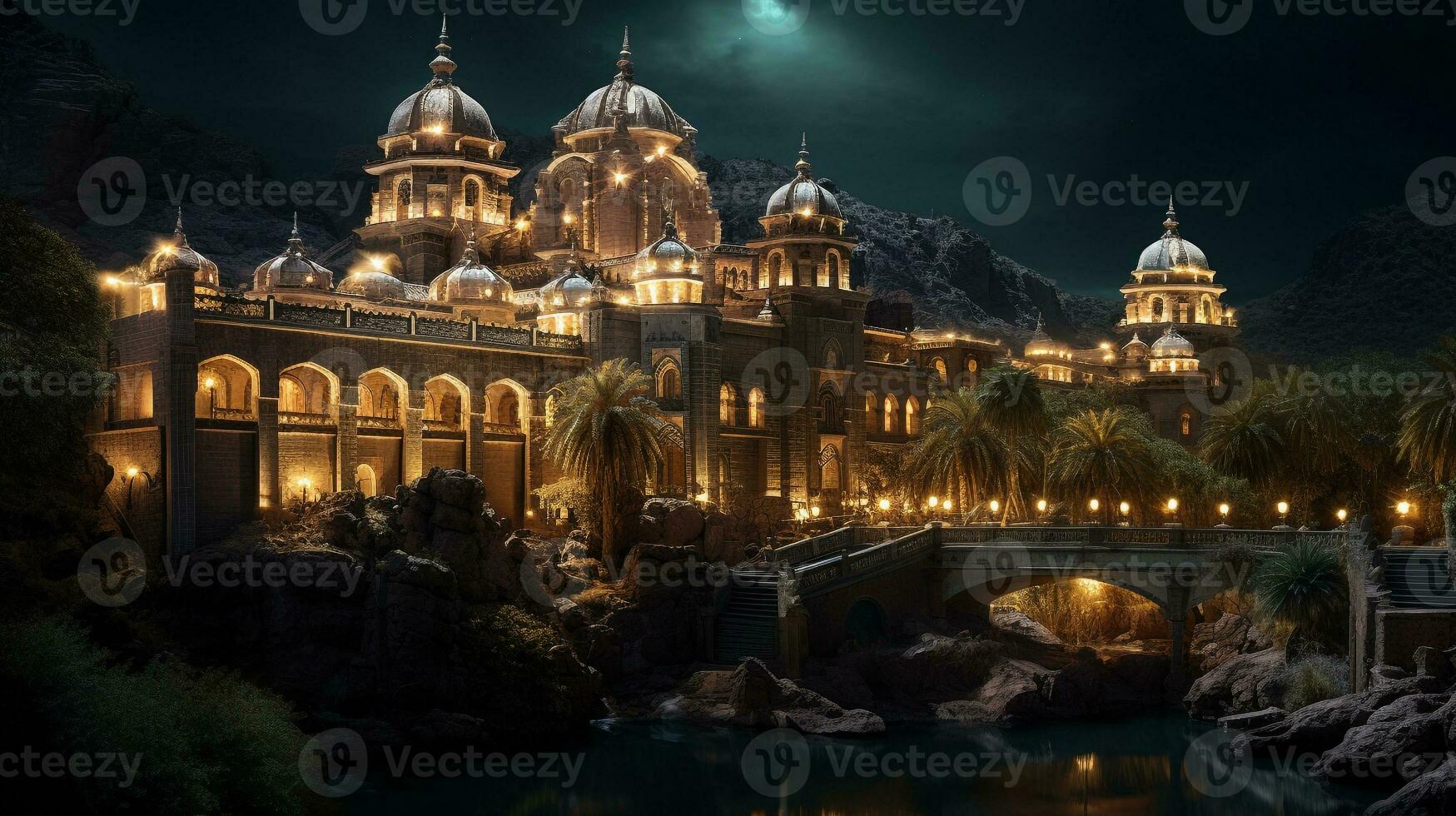 notte Visualizza di palazzo di il perso città. generativo ai foto