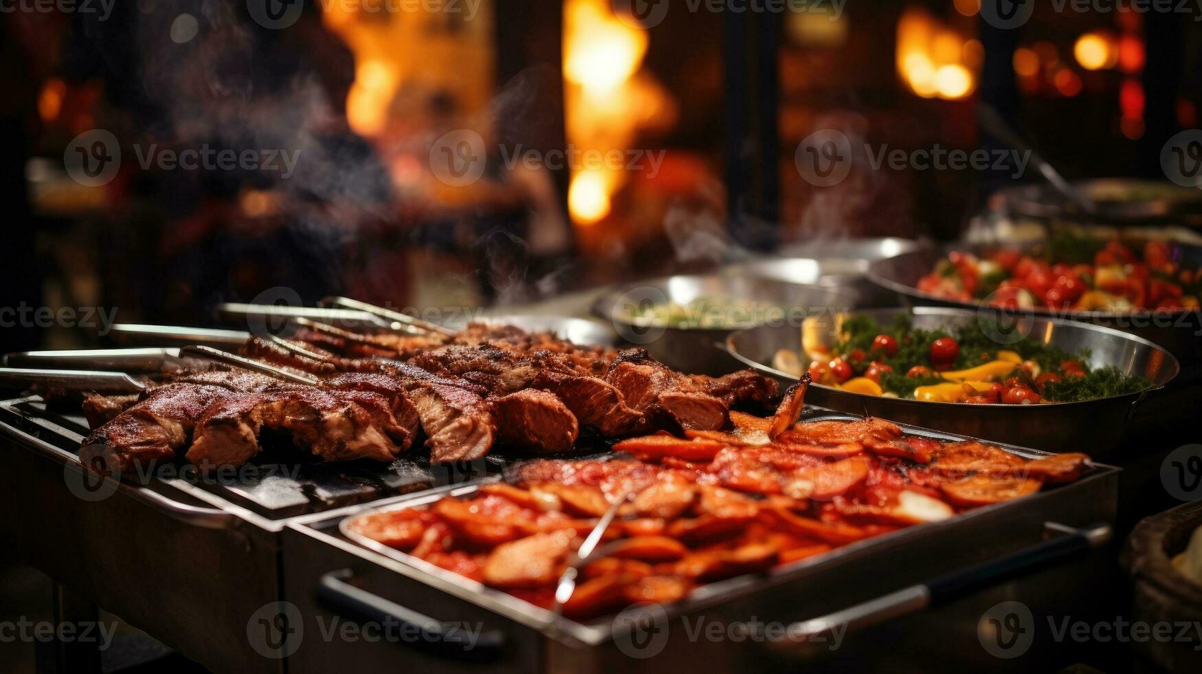 ristorazione buffet cibo interno nel ristorante con grigliato carne. generativo ai foto