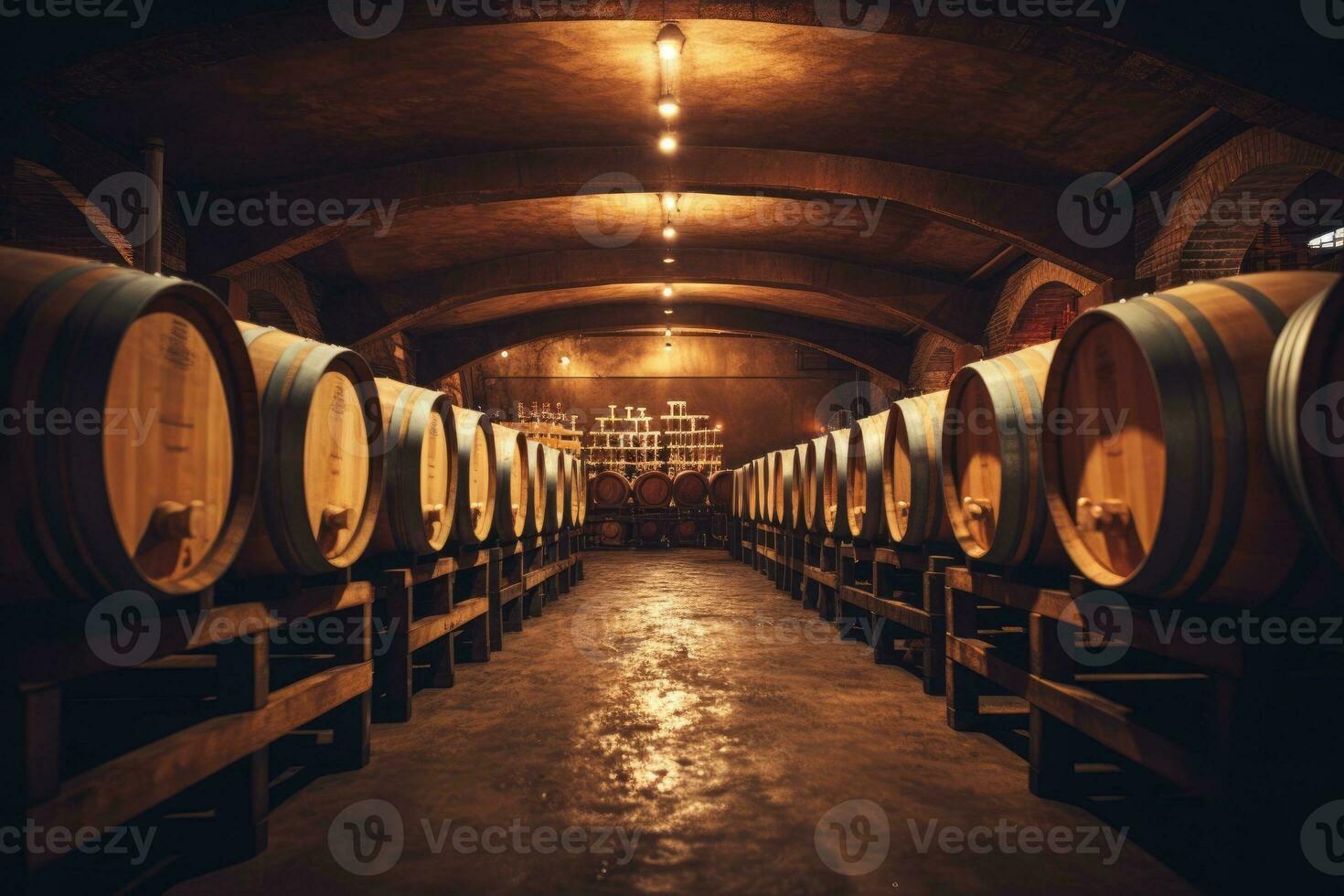 di legno quercia botti per vino nel il cantina. generativo ai foto