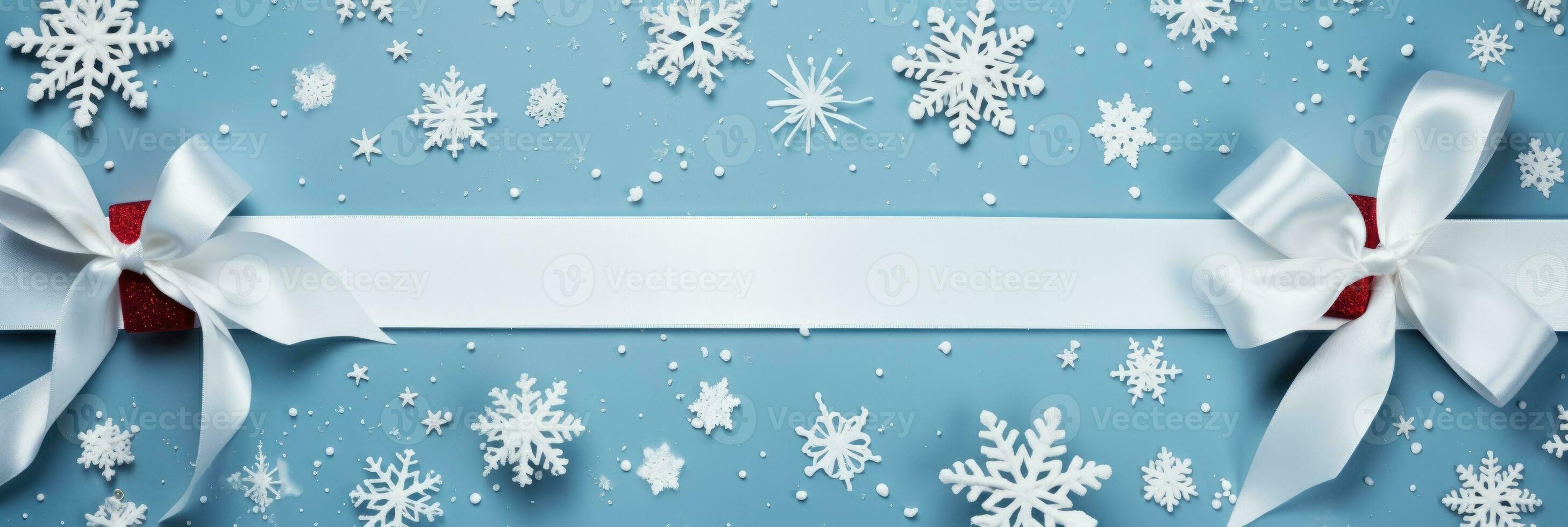 allegro Natale e contento vacanze saluto carta, striscione. i fiocchi di neve e Natale nastro su un' blu sfondo. generativo ai foto