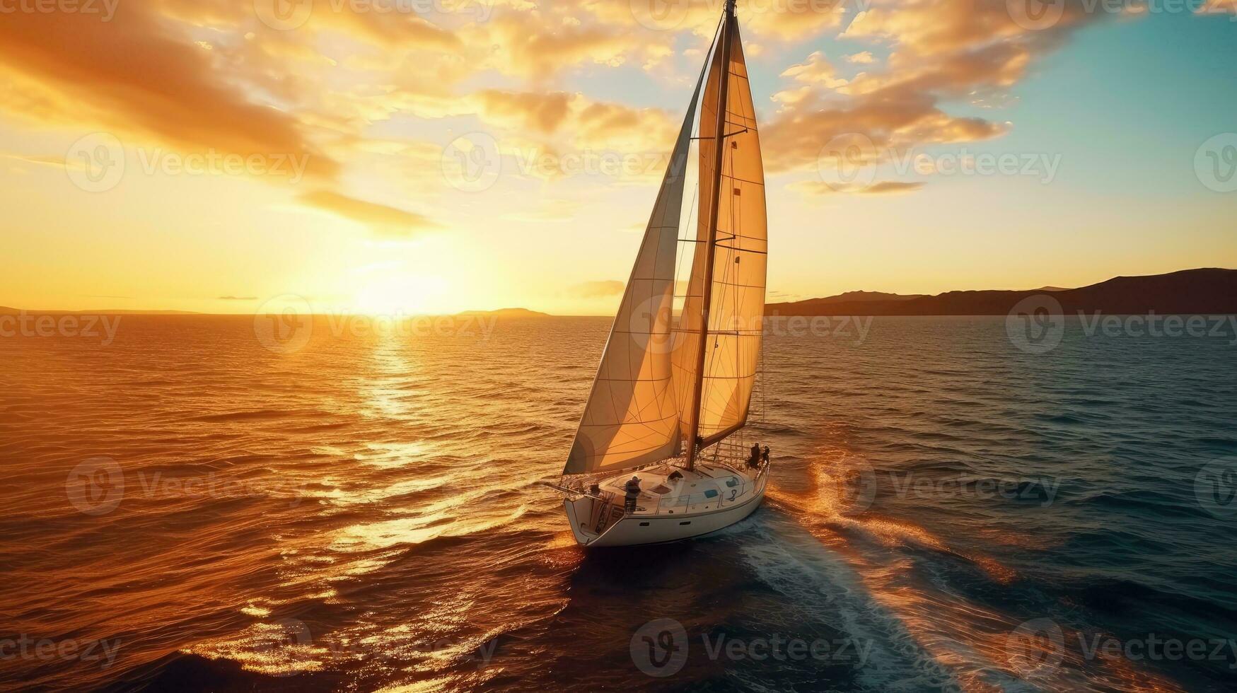 yacht andare in barca nel un Aperto mare a tramonto. generativo ai foto