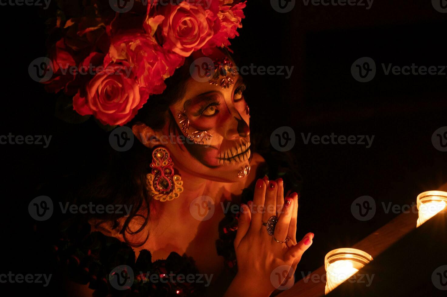 Calavera catrina seduta su un' trono. zucchero cranio trucco. dia de los muertos. giorno di il morto. Halloween. foto