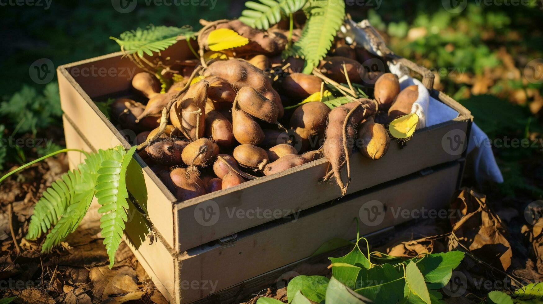 appena raccolto tamarindo frutta a partire dal giardino posto nel il scatole. generativo ai foto