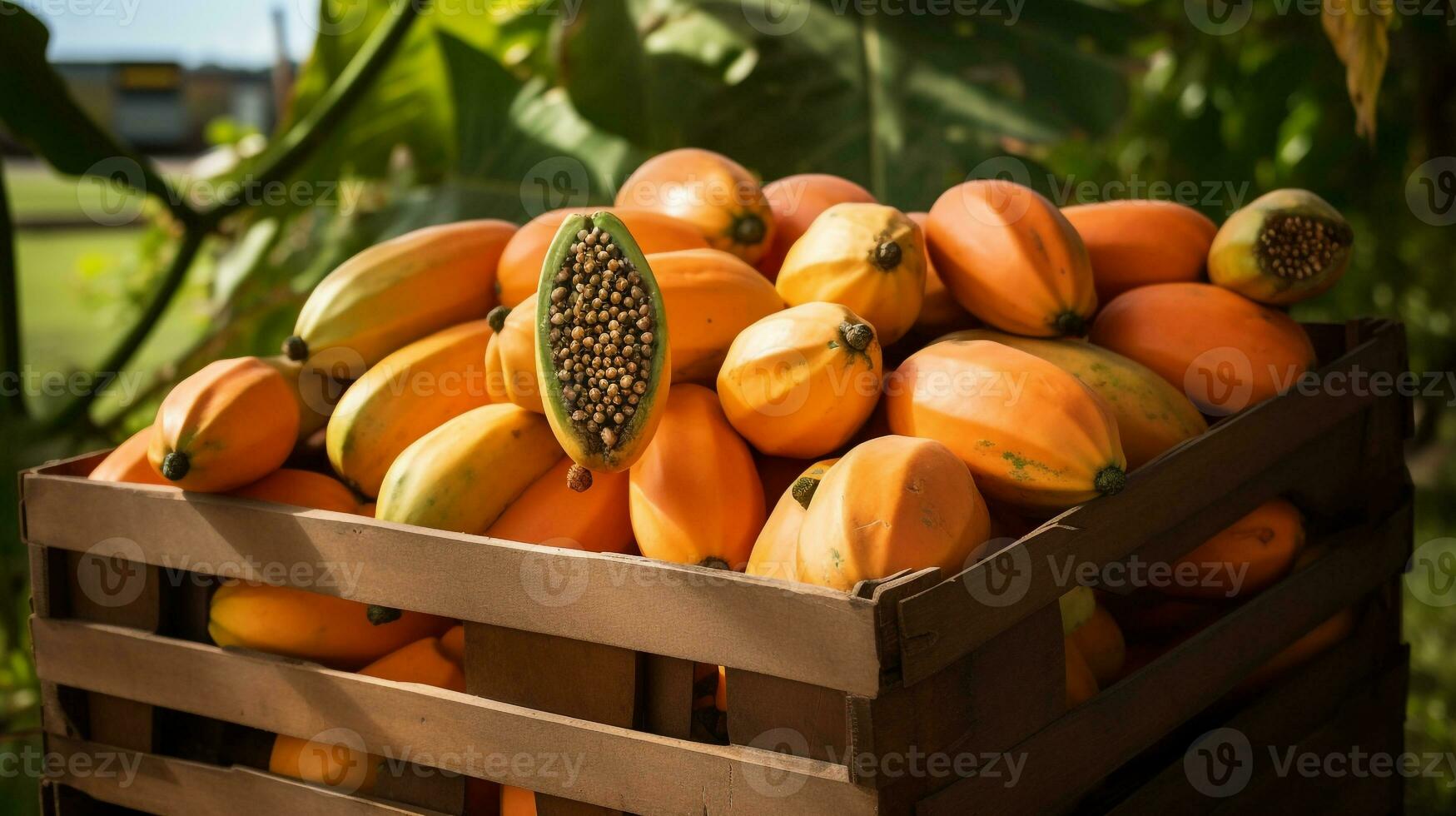 appena raccolto papaia frutta a partire dal giardino posto nel il scatole. generativo ai foto