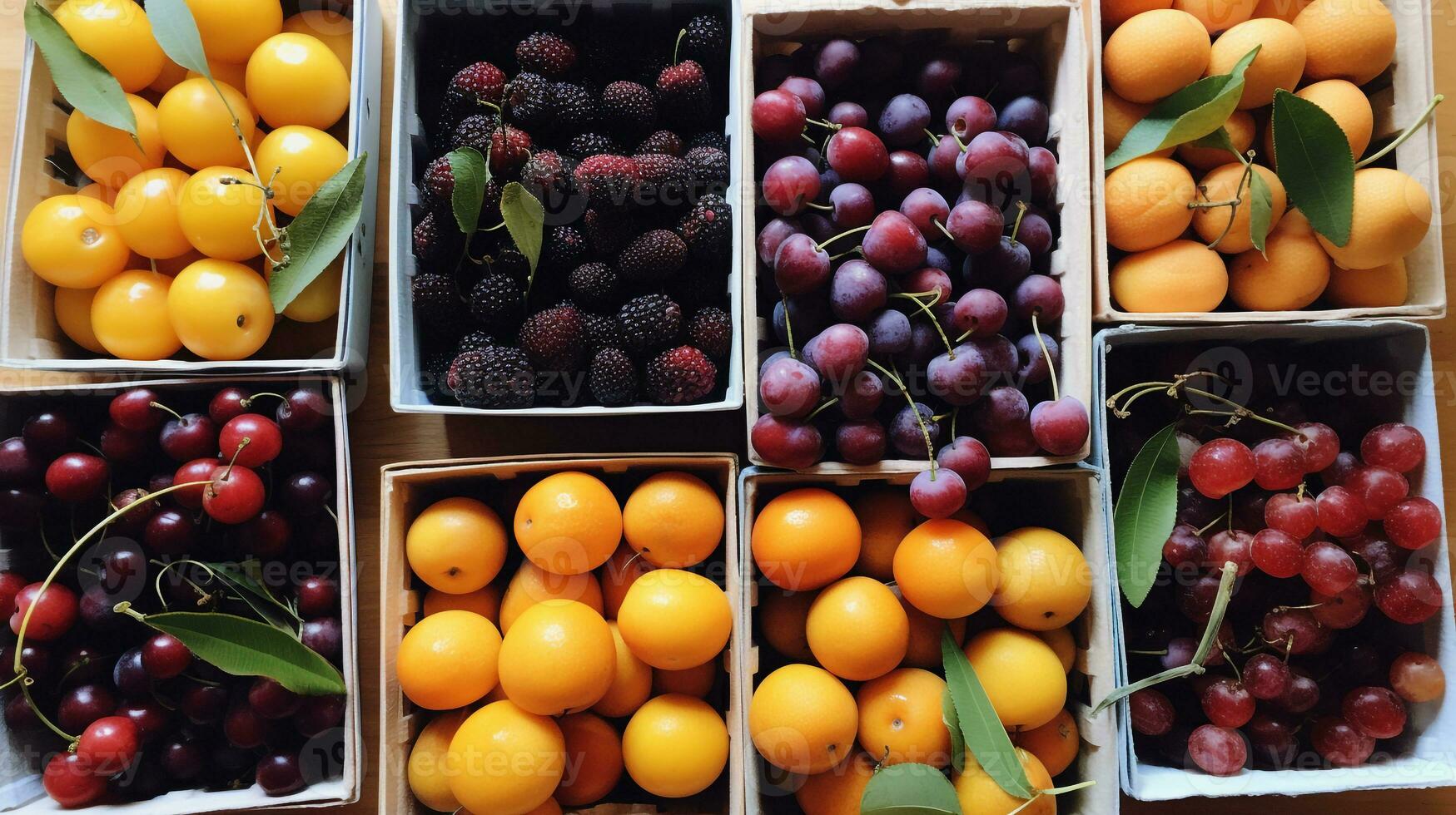 appena raccolto enau frutta a partire dal giardino posto nel il scatole. generativo ai foto