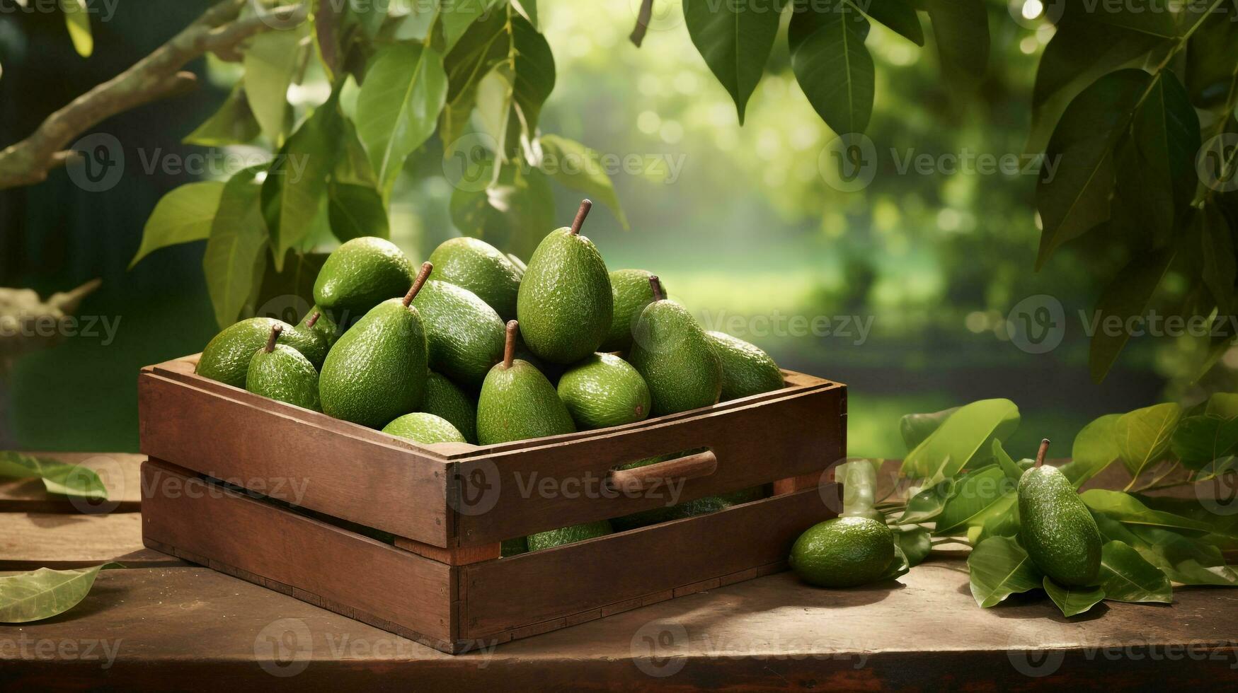 appena raccolto avocado frutta a partire dal giardino posto nel il scatole. generativo ai foto