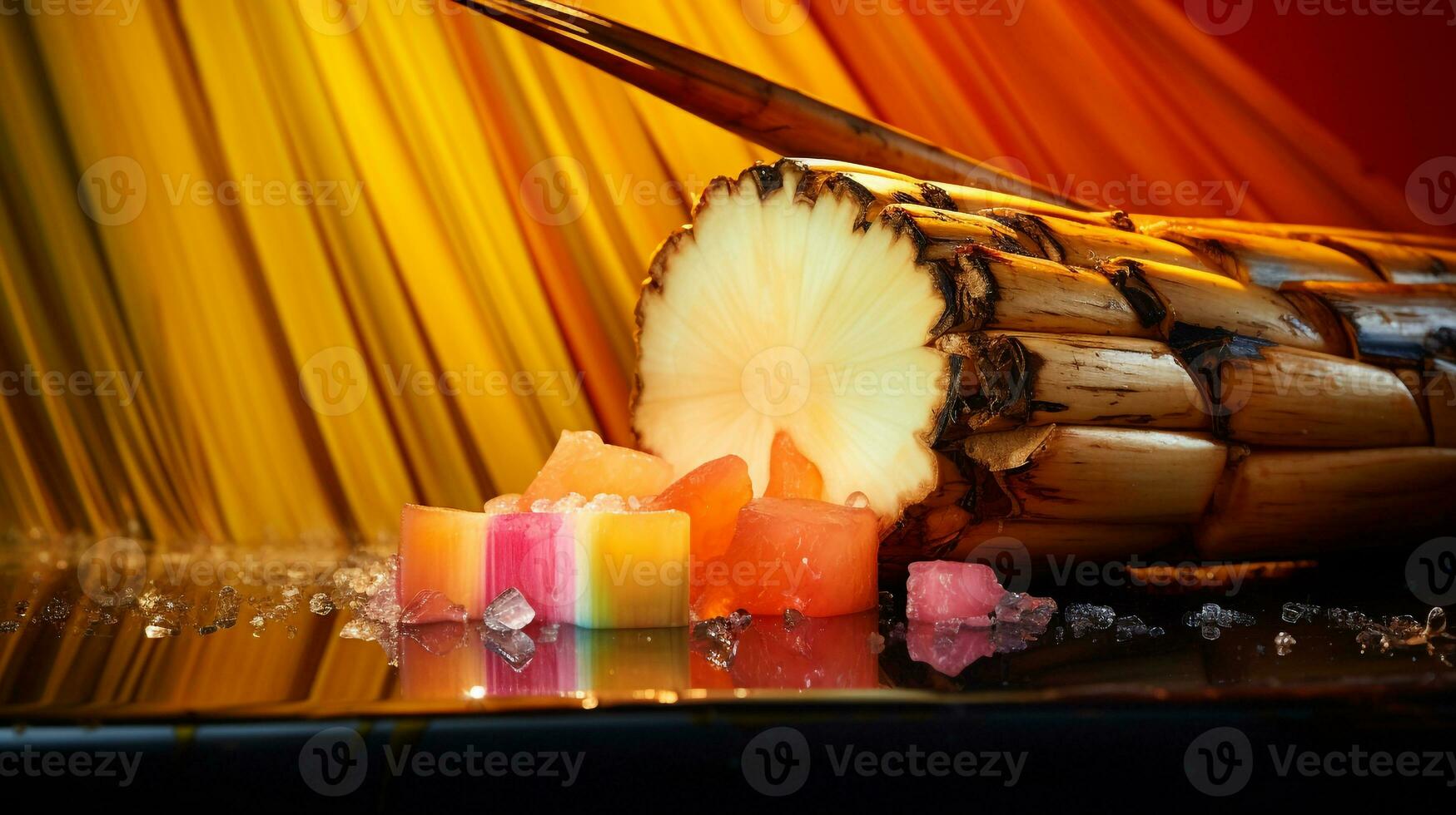 foto di canna da zucchero frutta metà contro un' colorato astratto sfondo. generativo ai