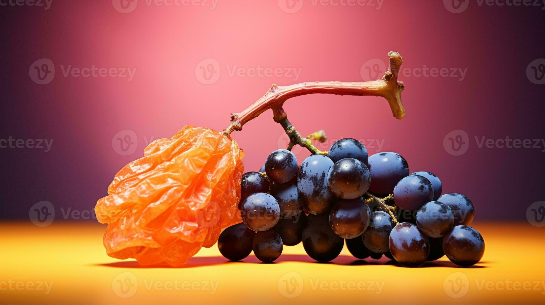 foto di Uvetta frutta metà contro un' colorato astratto sfondo. generativo ai