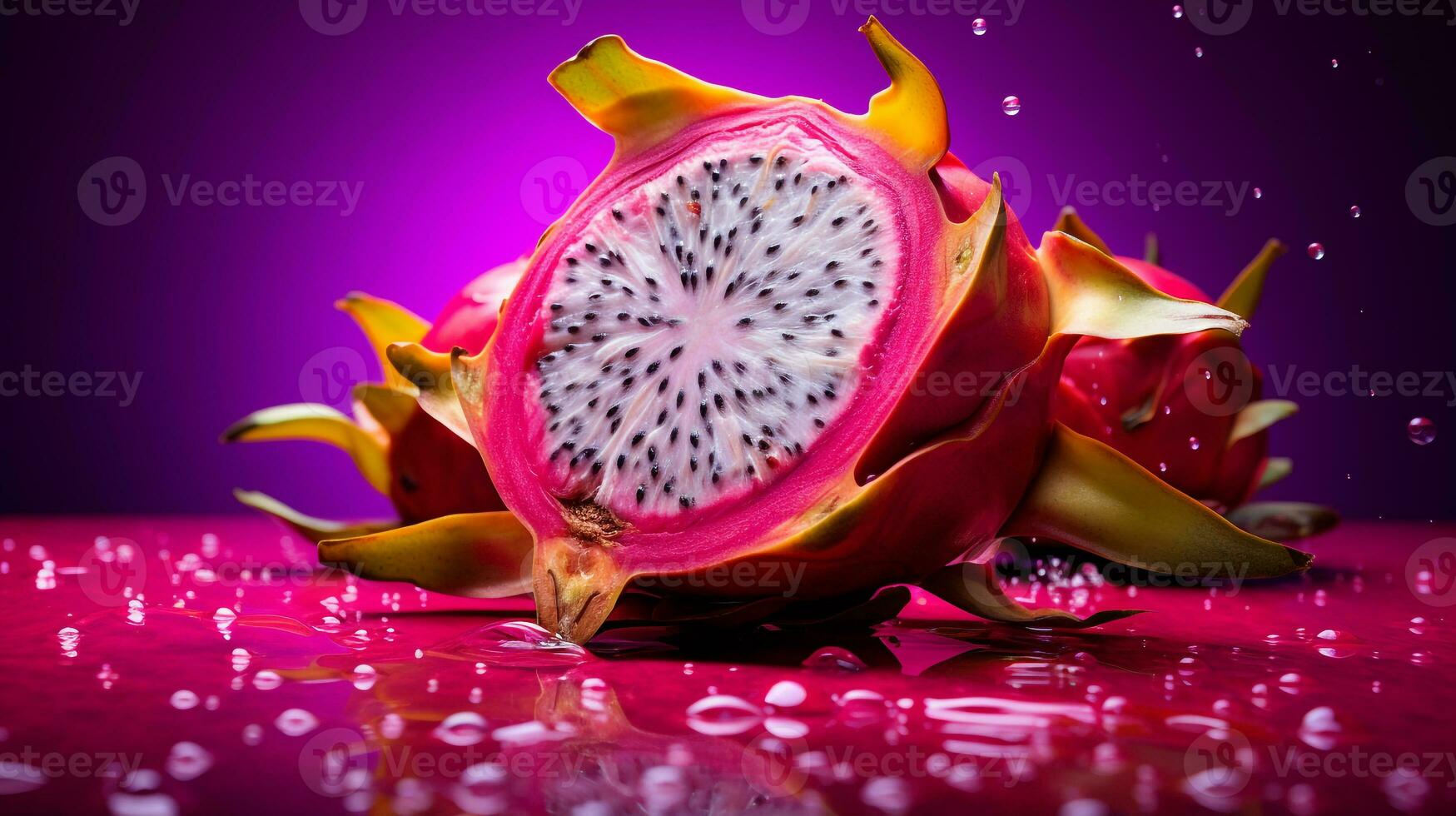 foto di pitaya frutta metà contro un' colorato astratto sfondo. generativo ai