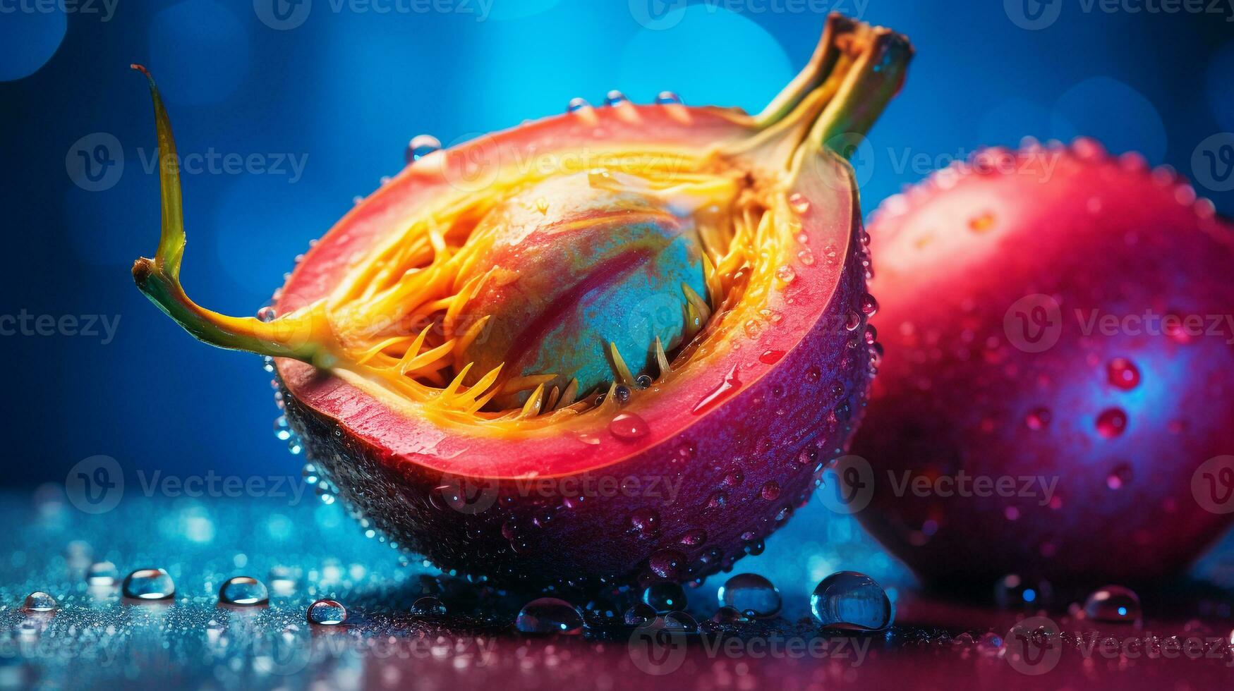 foto di mangaba frutta metà contro un' colorato astratto sfondo. generativo ai