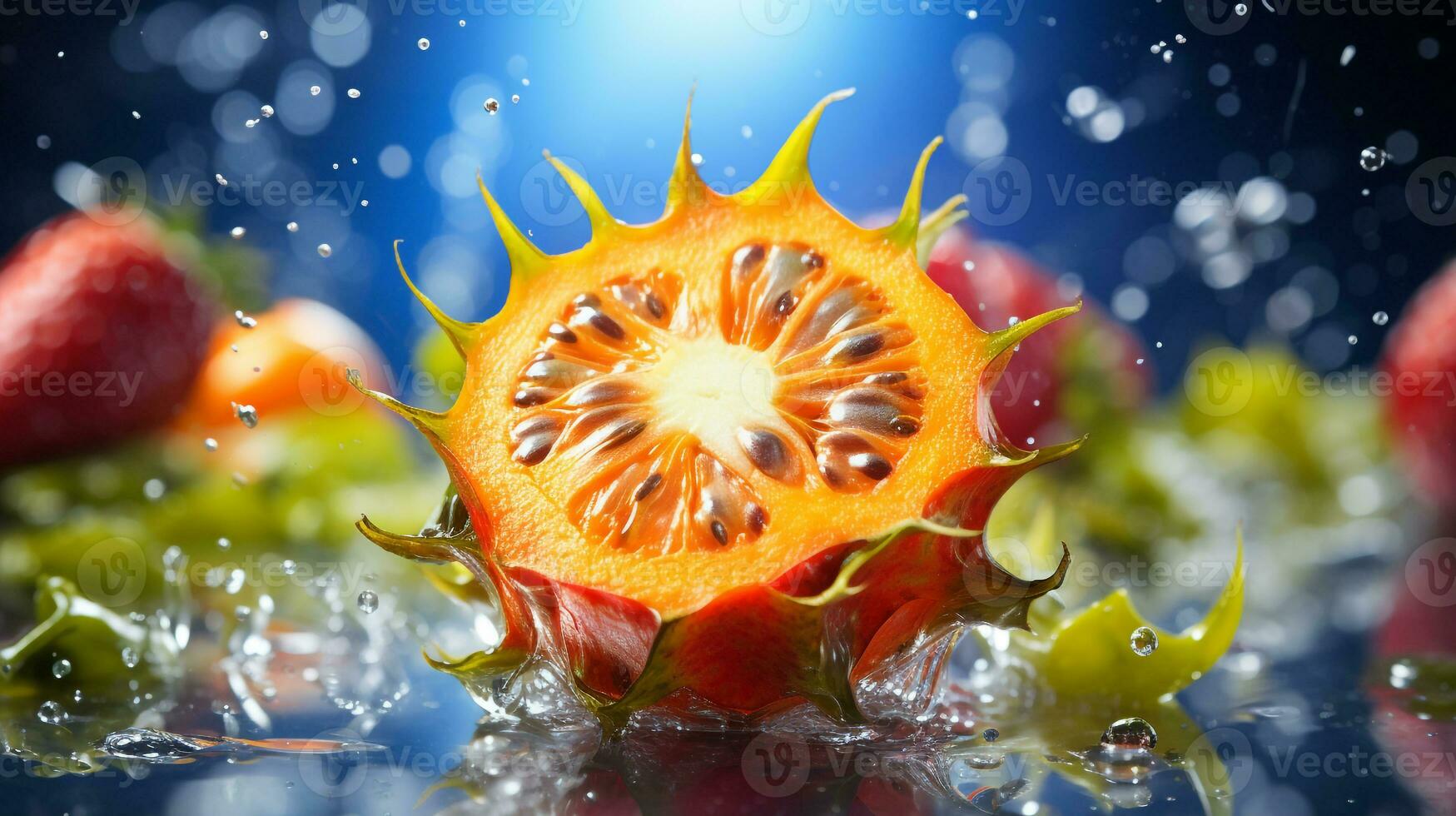 foto di kiwano frutta metà contro un' colorato astratto sfondo. generativo ai
