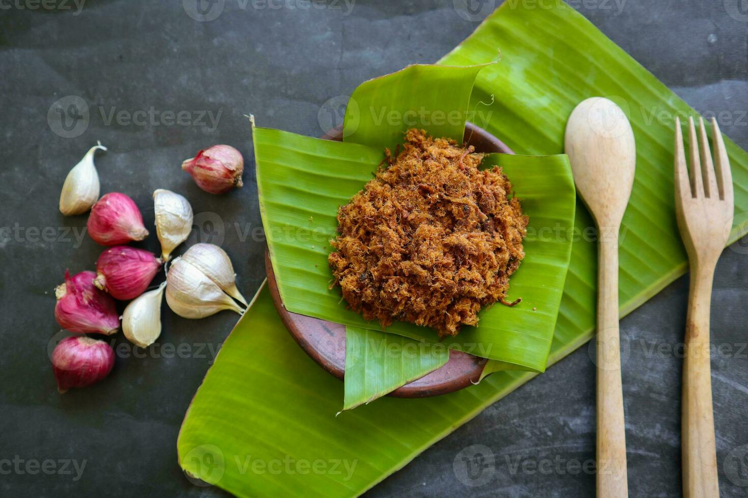 abon fatto di carne, tritato carne piatti fatto con Marrone zucchero e essiccato, conservato Alimenti. indonesiano asiatico cibo foto