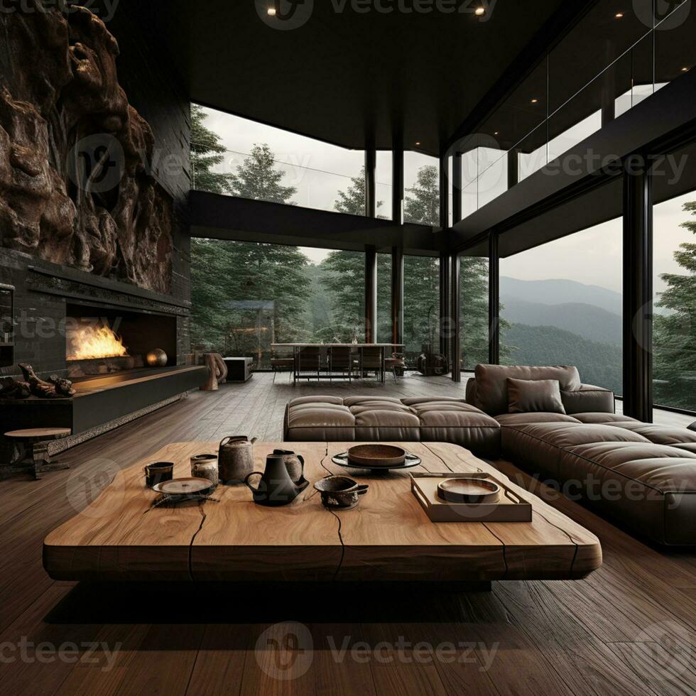interno disegno, vivente camera con sereno natura Visualizza, bellissimo dimora design nel il foresta, ai generativo foto