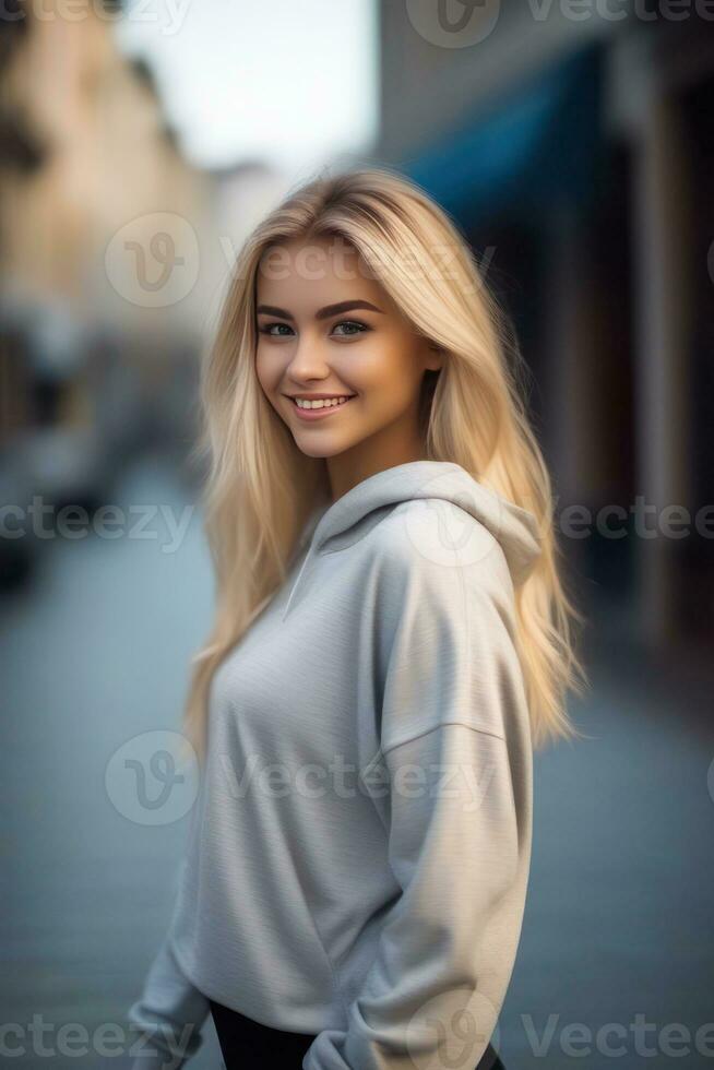 bellissimo biondo giovane donna indossare maglione felpa con cappuccio restare e in posa su città strada. messa a fuoco con bokeh. generativo ai foto