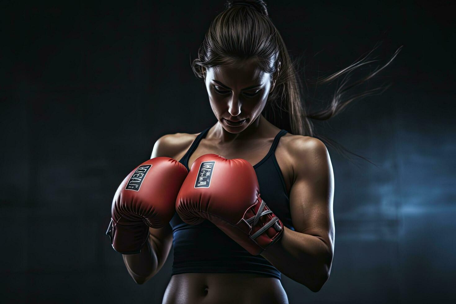 bellissimo sportivo donna nel rosso boxe guanti al di sopra di buio sfondo, muscolare donna fare lato tavola nel un' palestra, posteriore Visualizza, dettagliato muscoli, ai generato foto