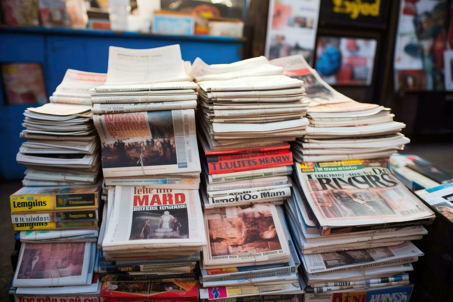 un' lotto di vecchio giornali per vendita su il strada nel bangkok, giornali su un' mercato stalla nel Londra, Inghilterra, UK, ai generato foto