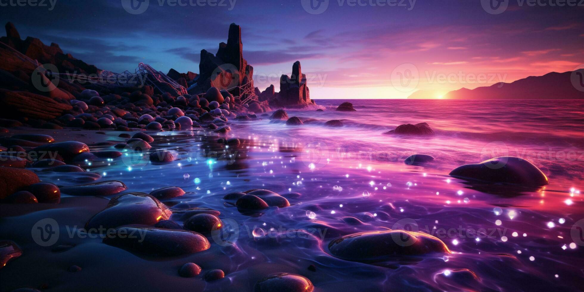 fantasia paesaggio marino, notte Visualizza di il oceano, raggiante mare, meravigliosamente stellato notte cielo, sognante atmosfera, ai generativo foto