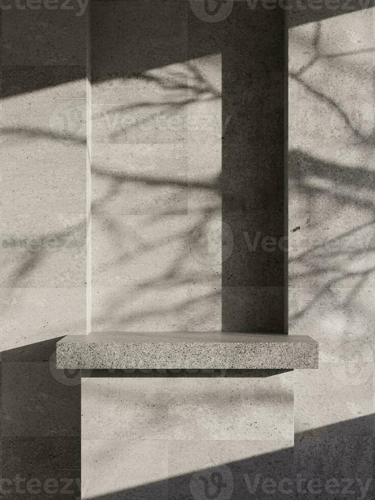 3d vuoto Schermo podio su cemento parete con albero ombra. 3d interpretazione di astratto presentazione per Prodotto pubblicità. 3d illustrazione. foto